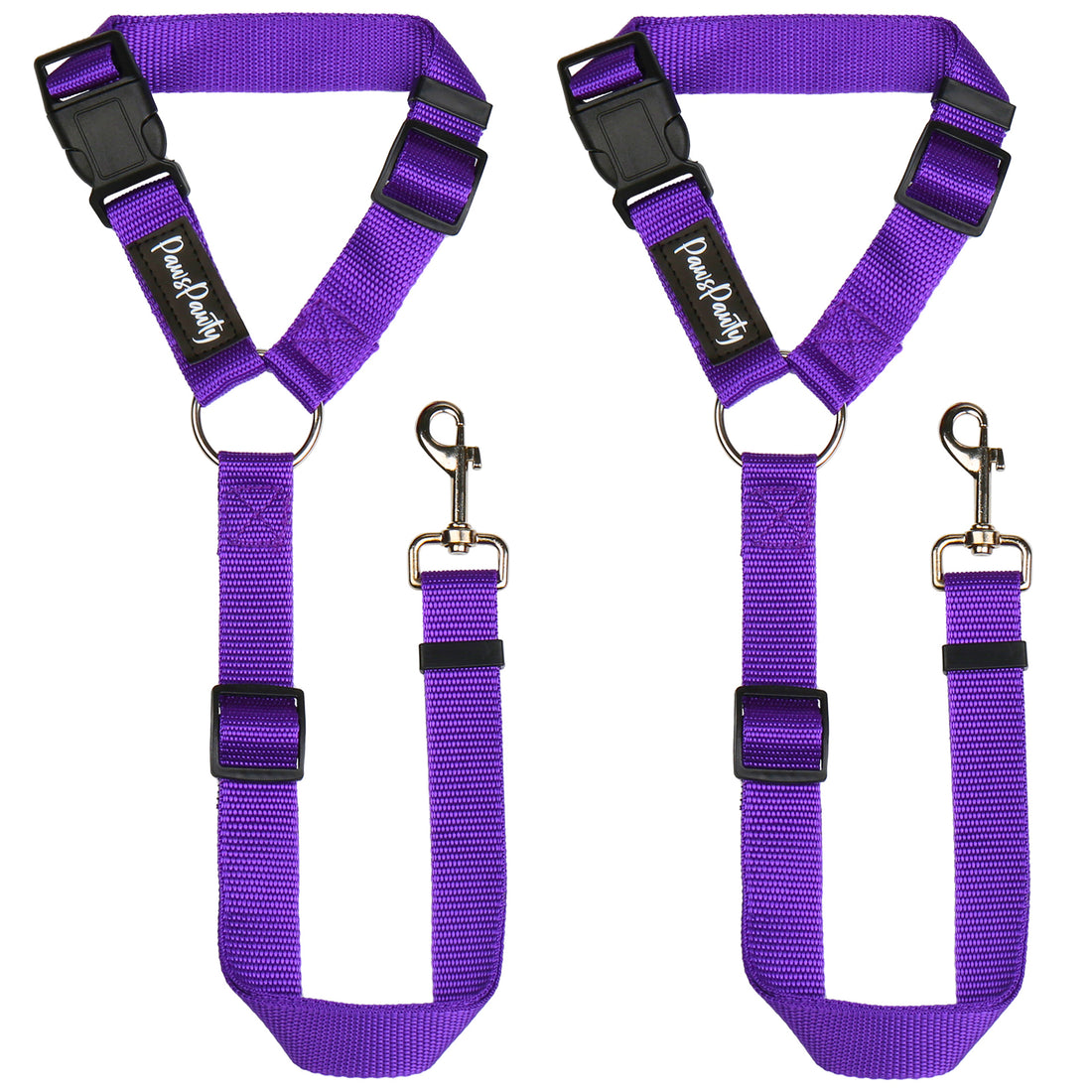 Two purple nylon pet car seatbelts with black plastic buckles and alloy steel clasp, designed to wrap around a vehicle's headrest.