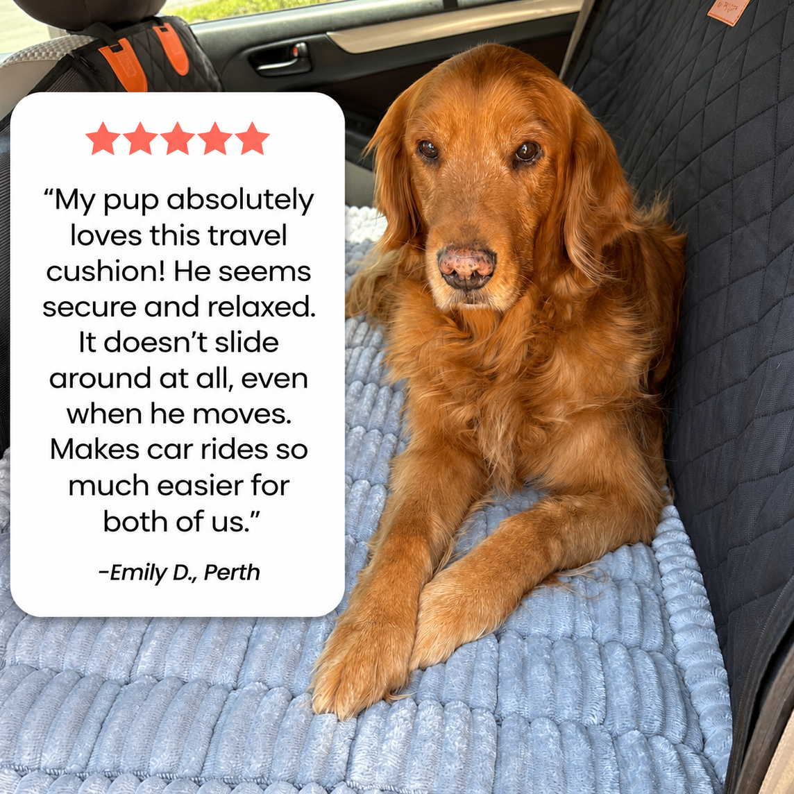 A golden retriever dog lies on a light blue ribbed travel cushion inside a car, with a large white review card overlaid on the left and a pink promotional banner at the bottom reading '50% OFF + 30-day Risk Free Trial'.