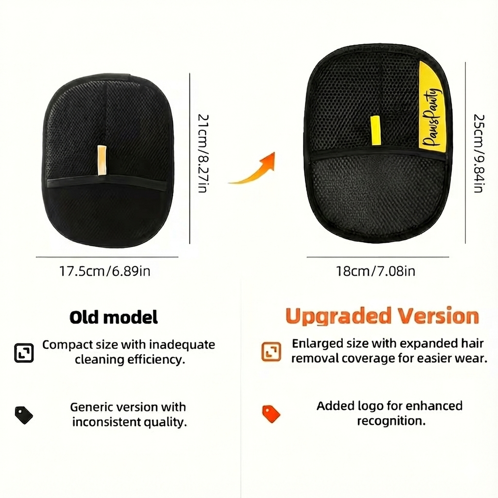 Two black pet hair remover gloves with yellow text on a light background