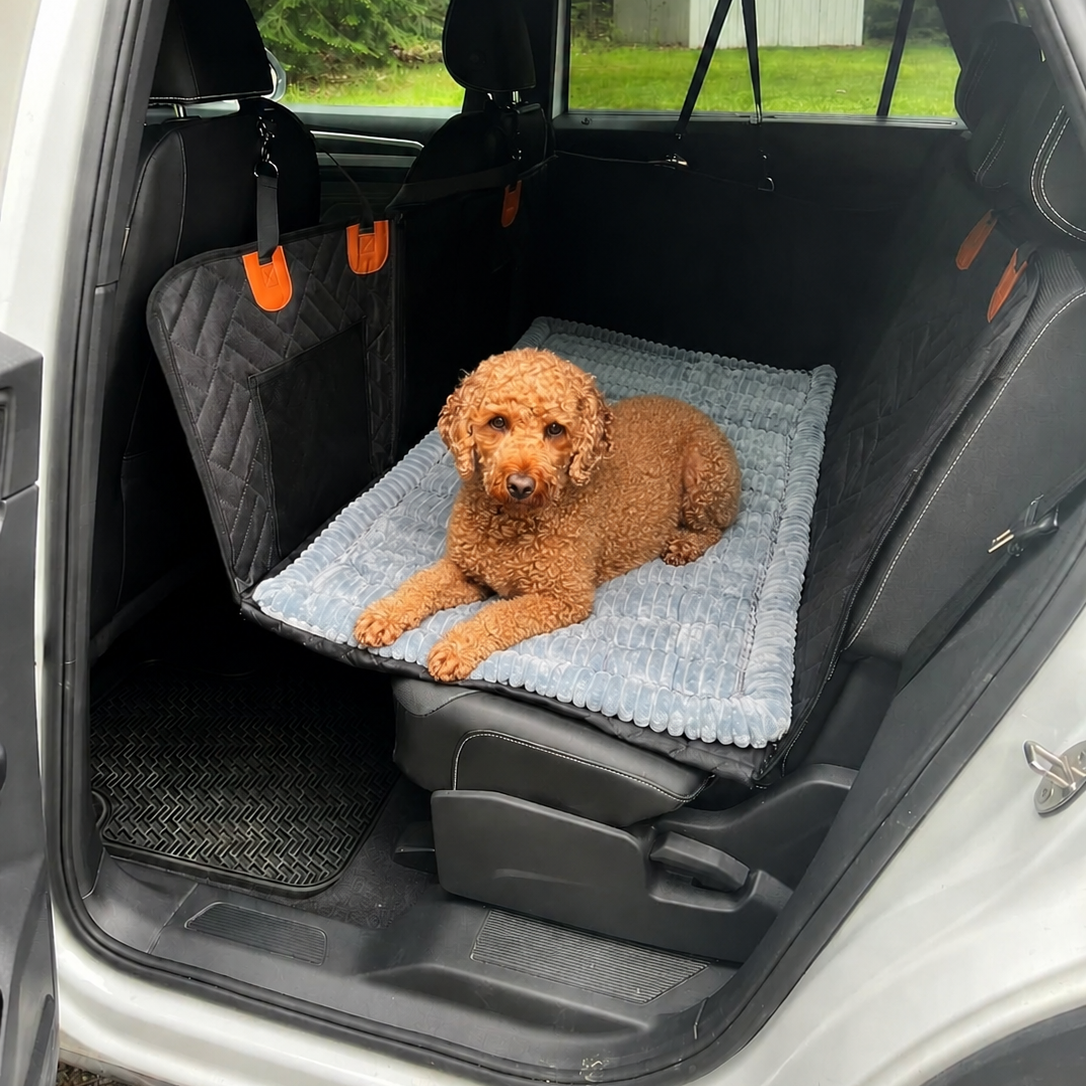 PawsPawty™ Hard Bottom Car Seat Extender Black+ PlushPad Dog Bed