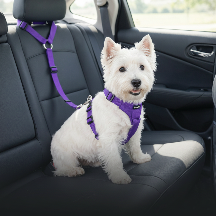 White dog in a purple harness sitting in a car seat with text about pet car safety products.
