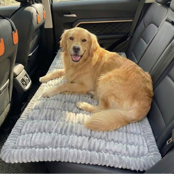 Dog sitting on a car seat cover in a vehicle