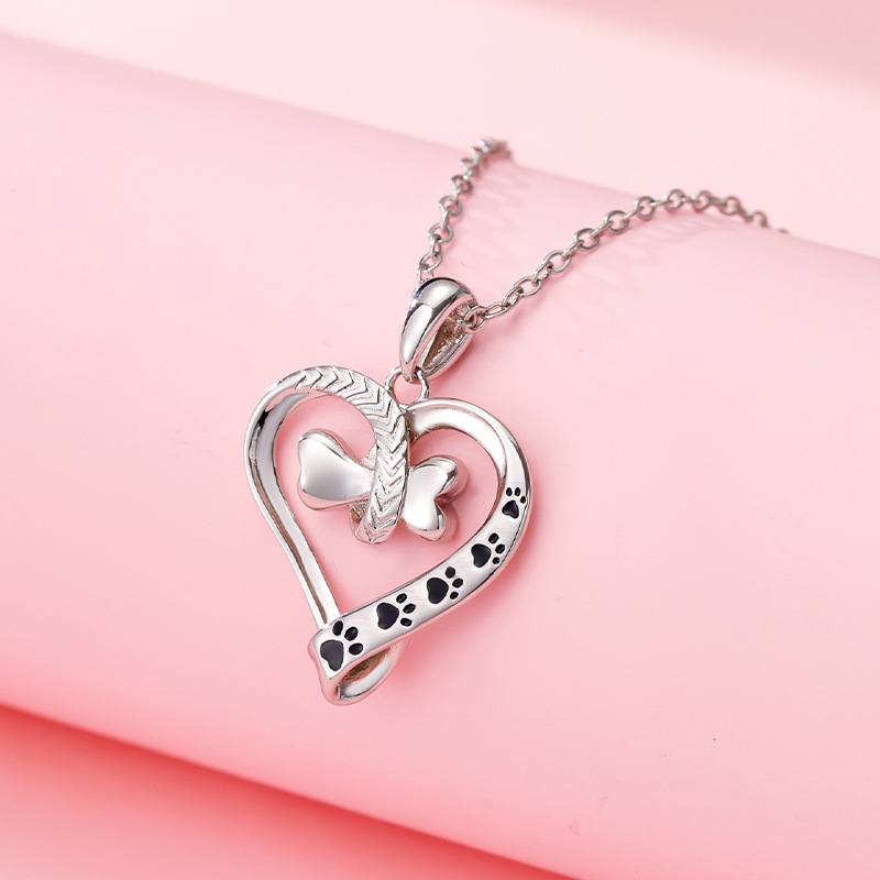 Minimalist Pet Paw Necklace with Hollowed Two-Tone Heart Design
