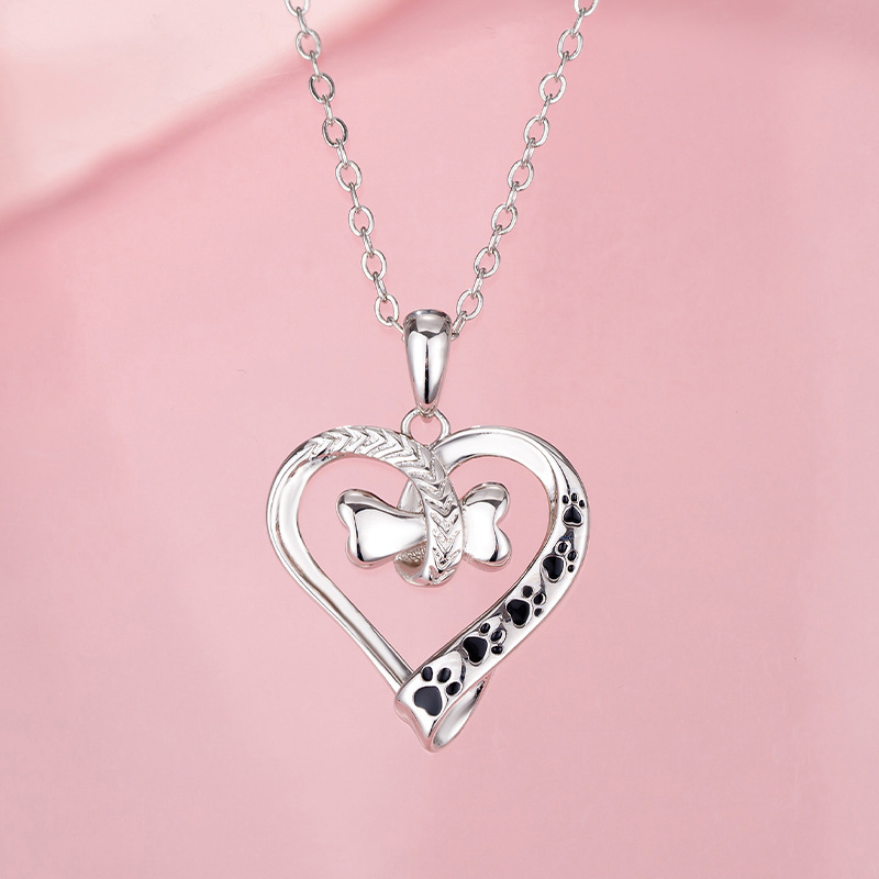 Minimalist Pet Paw Necklace with Hollowed Two-Tone Heart Design