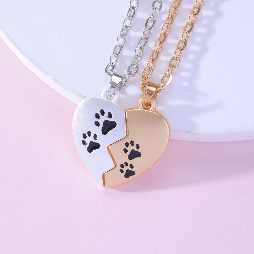 Couple Heart-Shaped Necklace with Pet Paw Print