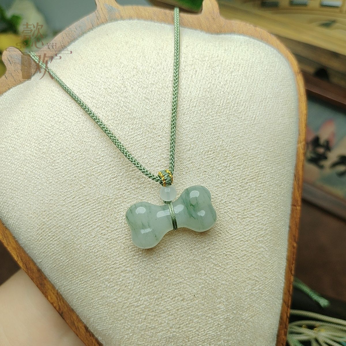 Chalcedony and Jade Dog Bone Pendant Necklace