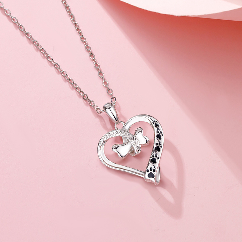 Minimalist Pet Paw Necklace with Hollowed Two-Tone Heart Design