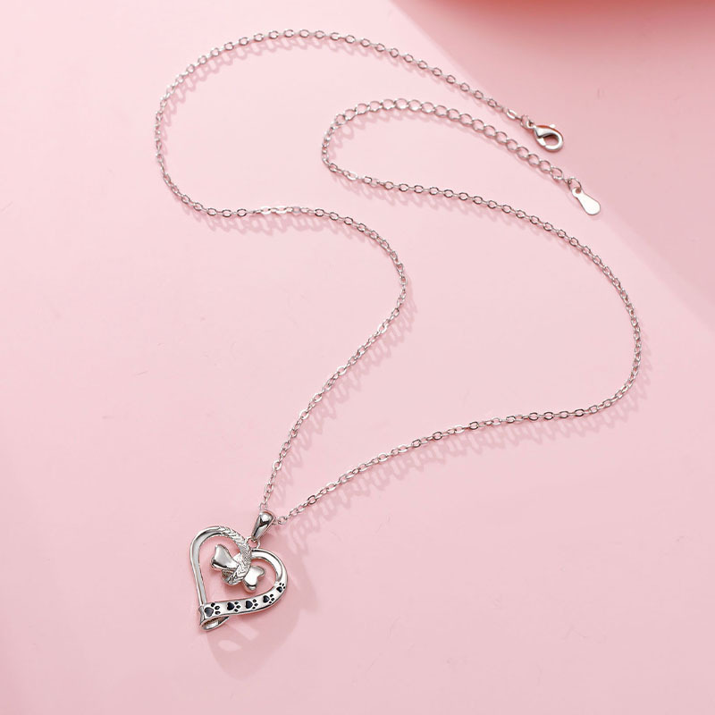 Minimalist Pet Paw Necklace with Hollowed Two-Tone Heart Design