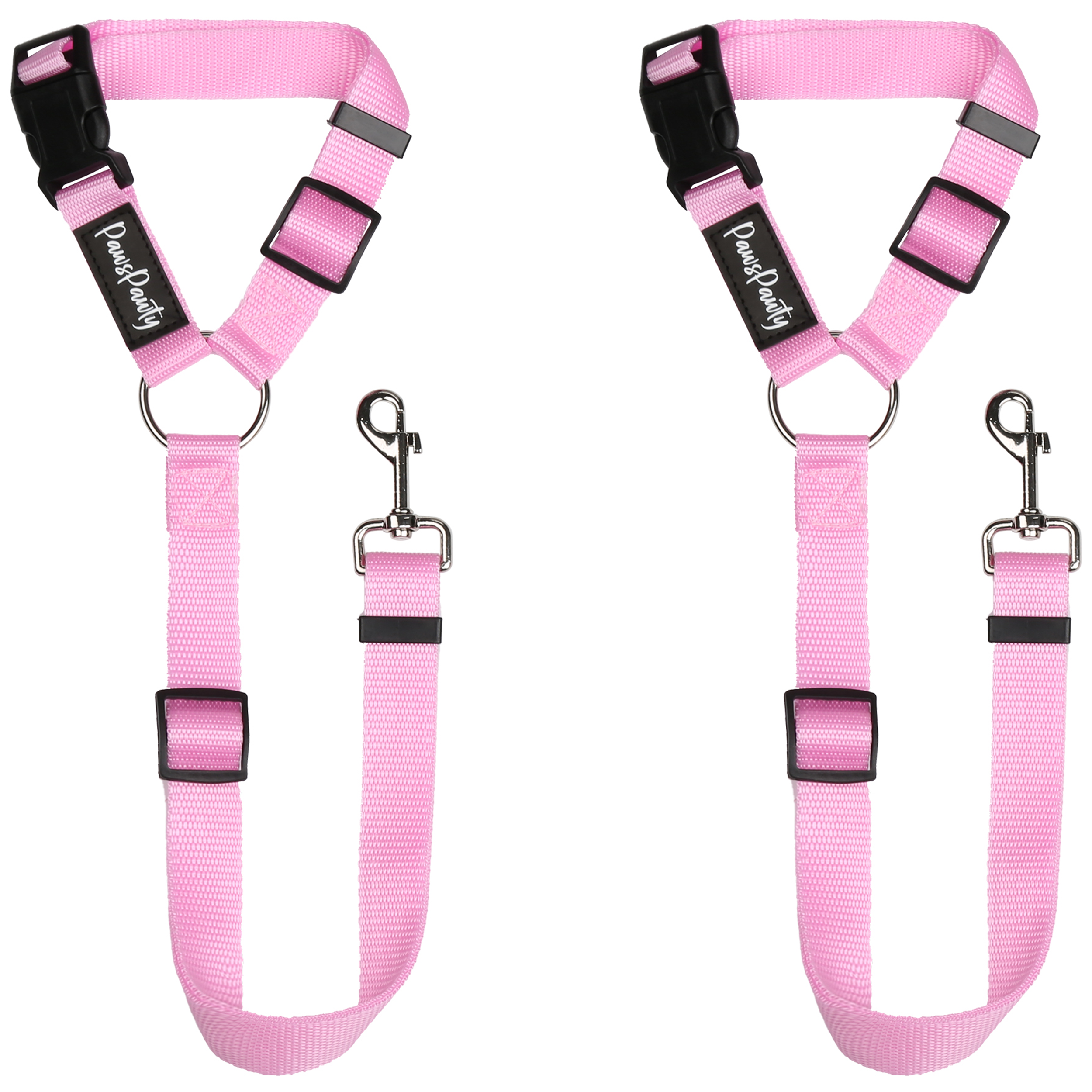 Two pink nylon pet car seatbelts with black plastic buckles and alloy steel clasp, designed to wrap around a vehicle's headrest.