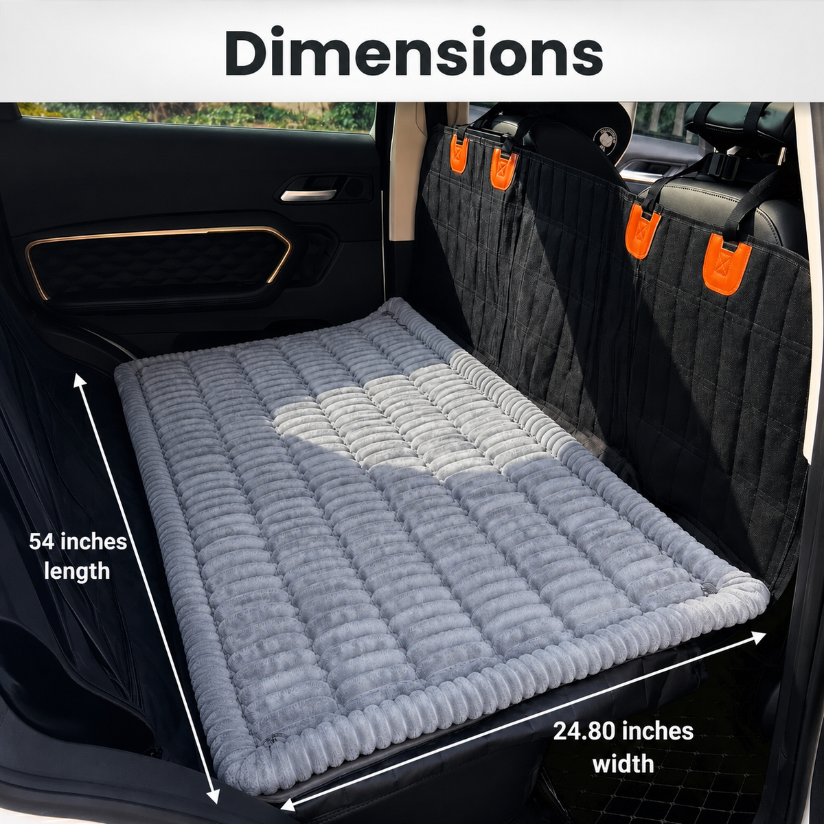 A gray ribbed car bed mat shown installed in the back of a vehicle, with overlaid dimension labels indicating 54 inches length and 24.80 inches width.