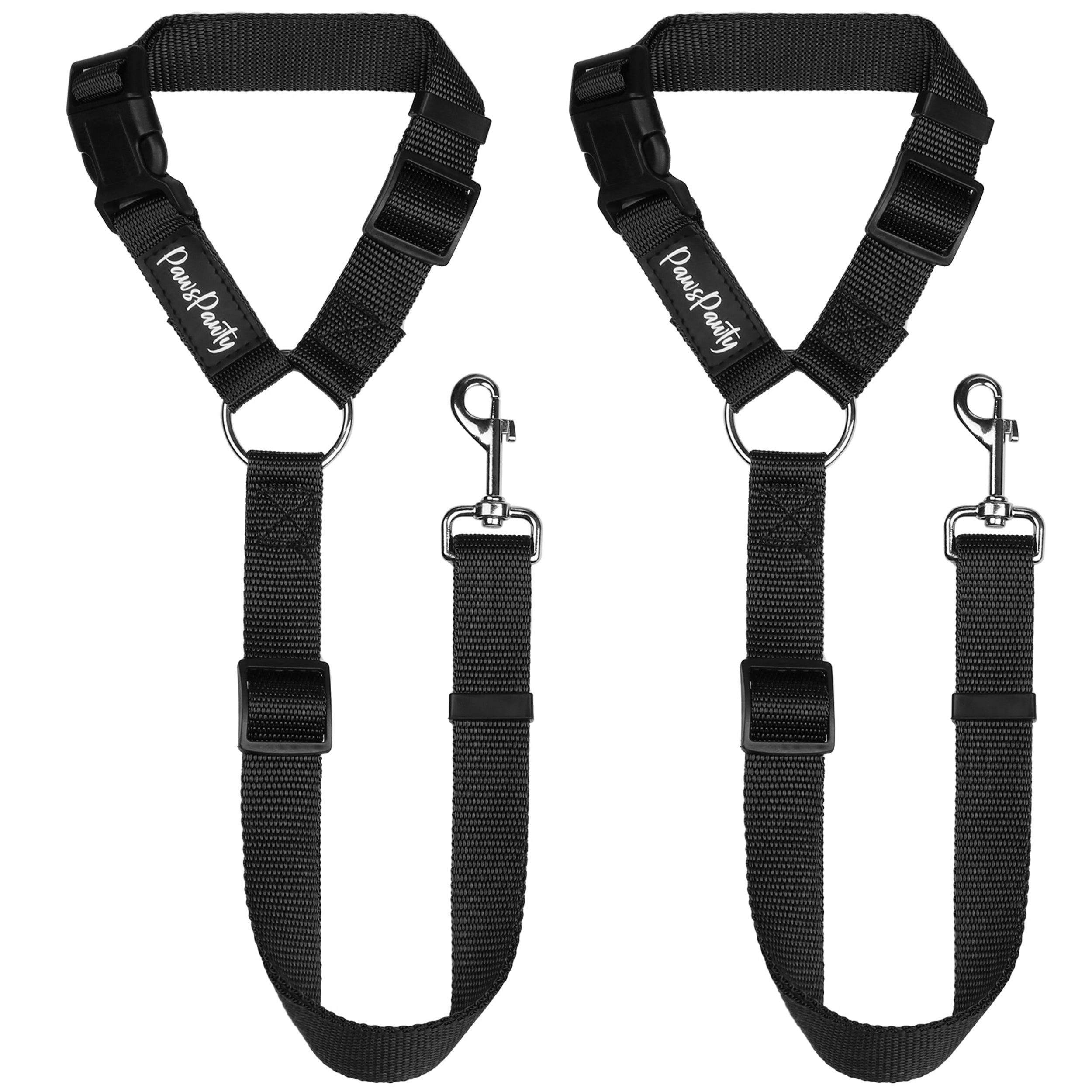 Two purple nylon pet car seatbelts with black plastic buckles and alloy steel clasp, designed to wrap around a vehicle's headrest.