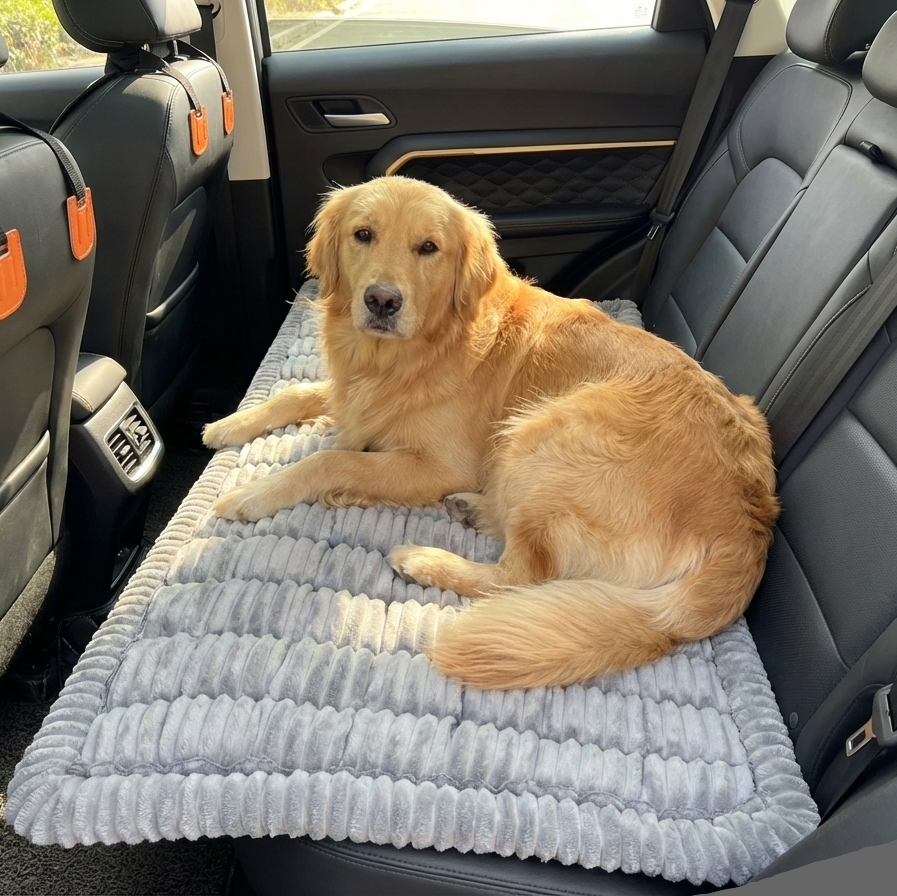Dog sitting on a gray pet mat in the back seat of a car