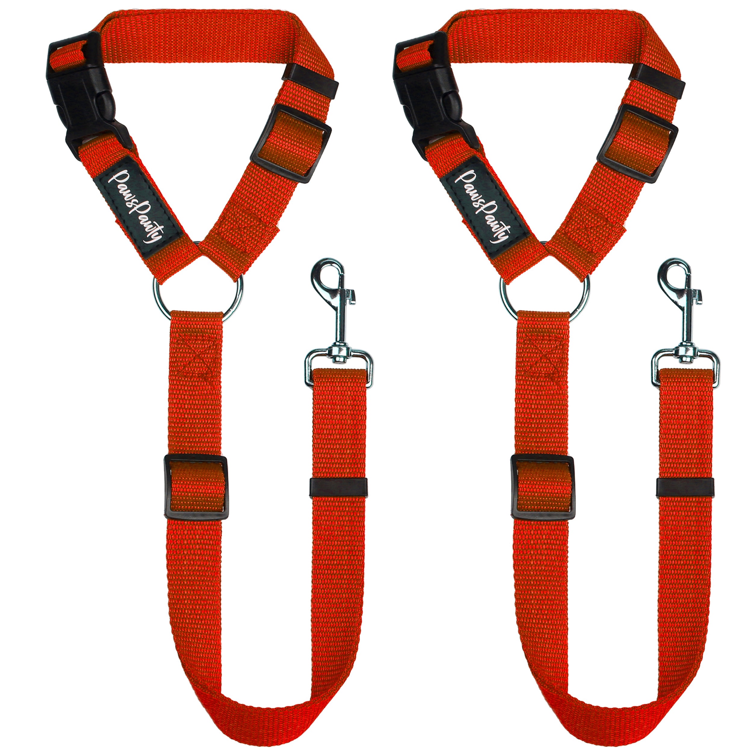 Two purple nylon pet car seatbelts with black plastic buckles and alloy steel clasp, designed to wrap around a vehicle's headrest.